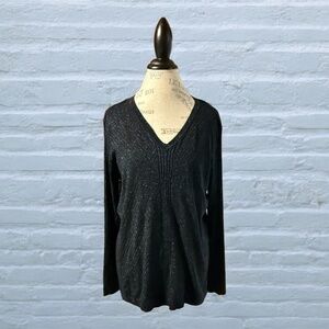 Apt. 9 Blue/Black Metallic Ribbed Long Sleeve V-Neck Top